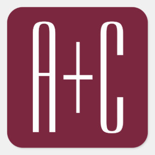 Simple Couples Initials White & Burgundy Square Sticker