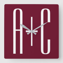Simple Couples Initials | White &amp; Burgundy Square Wall Clock