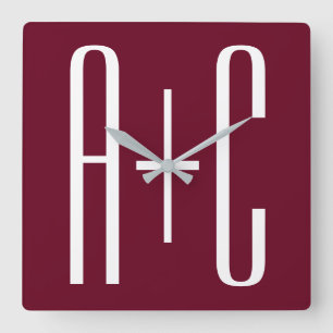 Simple Couples Initials White & Burgundy Square Wall Clock