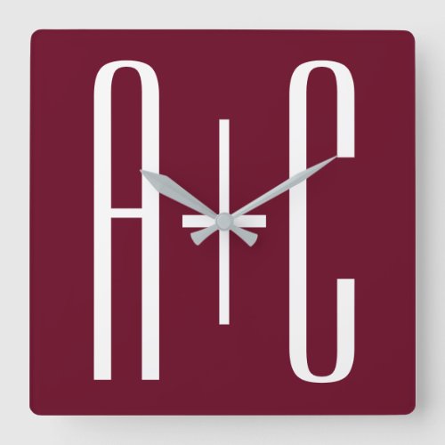 Simple Couples Initials  White  Burgundy Square Wall Clock