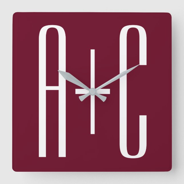 Simple Couples Initials | White & Burgundy Square Wall Clock (Front)