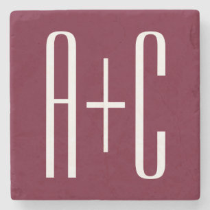 Simple Couples Initials White & Burgundy Stone Coaster