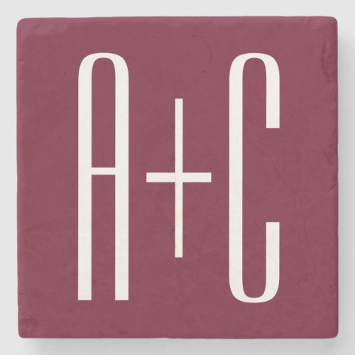 Simple Couples Initials  White  Burgundy Stone Coaster