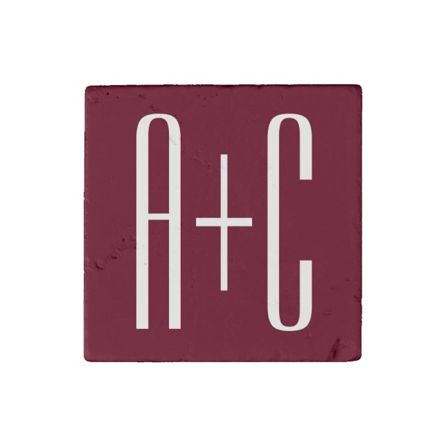 Simple Couples Initials | White & Burgundy Stone Magnet (Front)