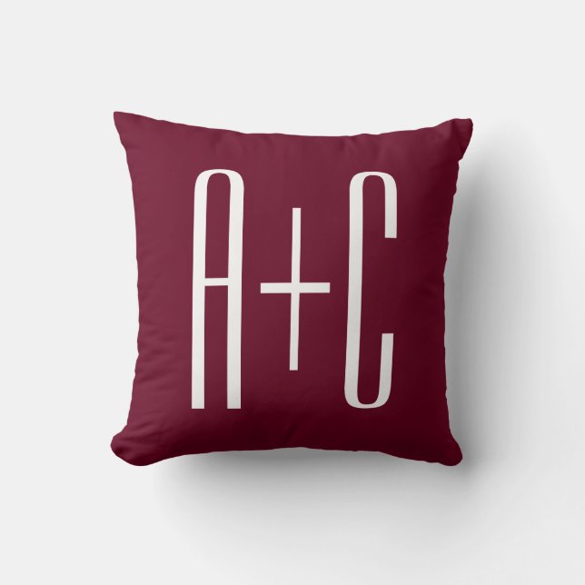Simple Couples Initials | White & Burgundy Throw Pillow (Front)