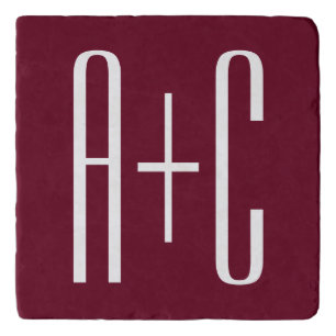 Simple Couples Initials   White & Burgundy Trivet