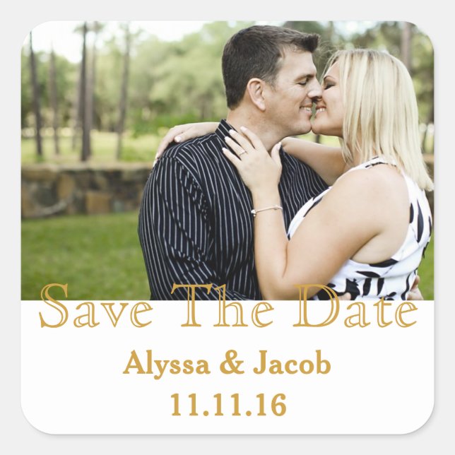 Simple Couples Photo Save the Date Wedding Square Sticker (Front)