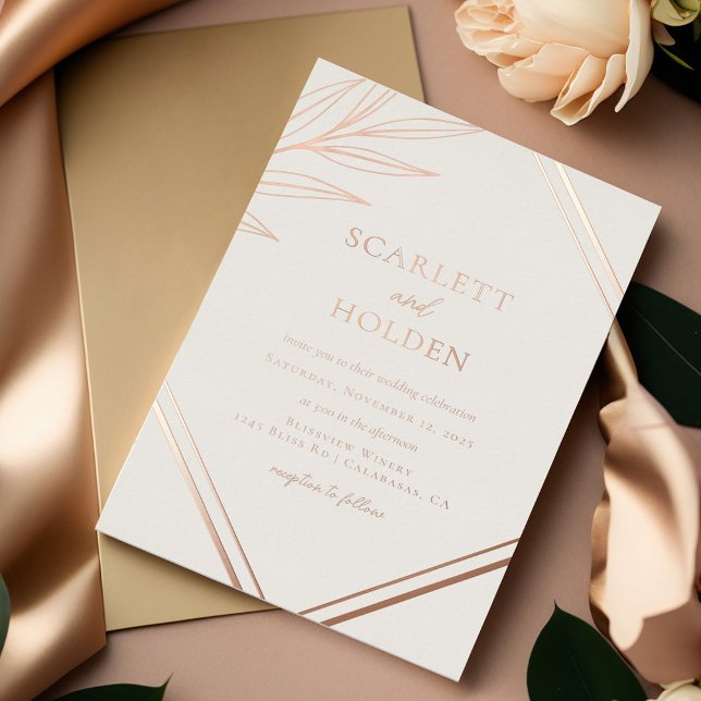 Simple Cream and Rose Gold Leaf Wedding Foil Invitation (Creator Uploaded)