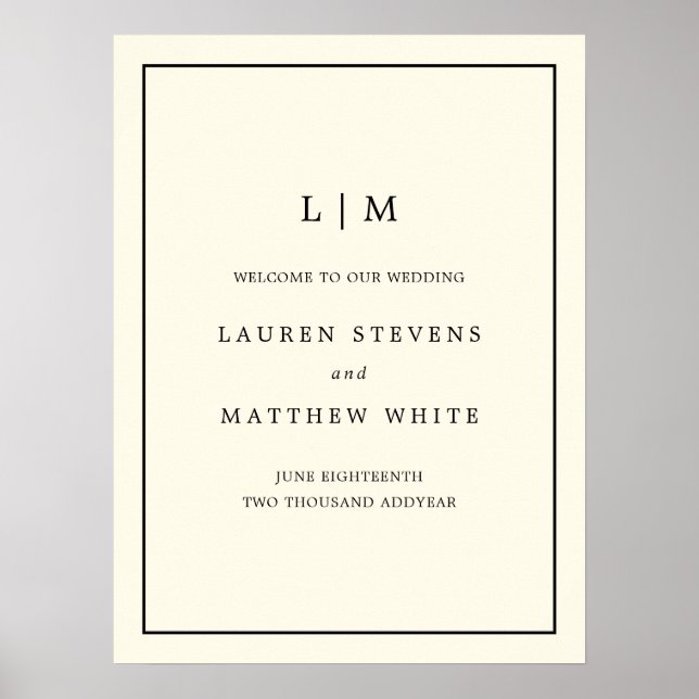 Simple Cream Monogram Elegant Wedding Welcome Sign (Front)