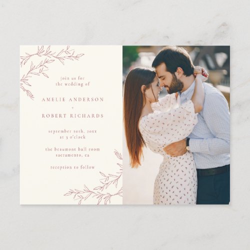 Simple Cream  Muted Red Foliage Photo Wedding Invitation Postcard