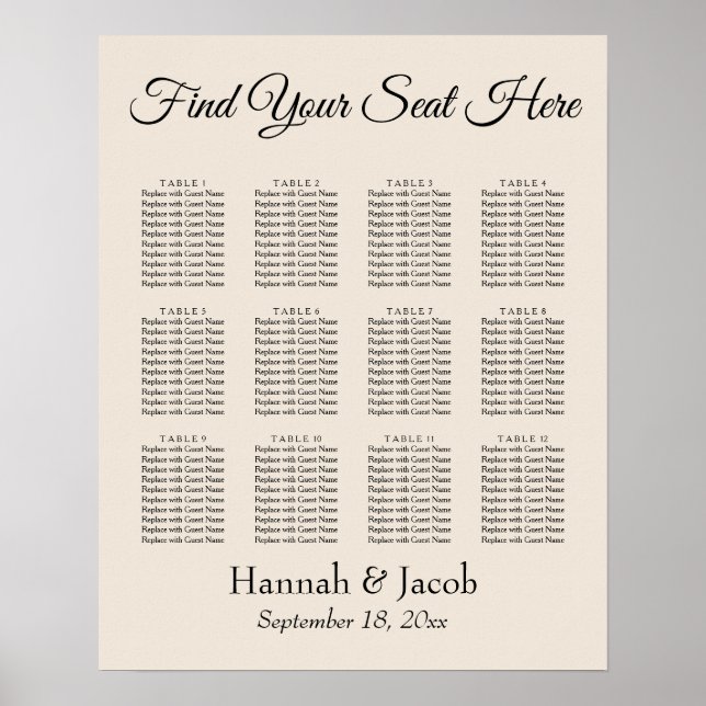 Simple Cream Wedding Reception Seating Chart (Front)