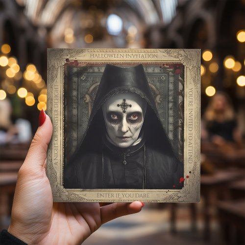 Simple Creepy Nun Lunatic Asylum Halloween Invitation