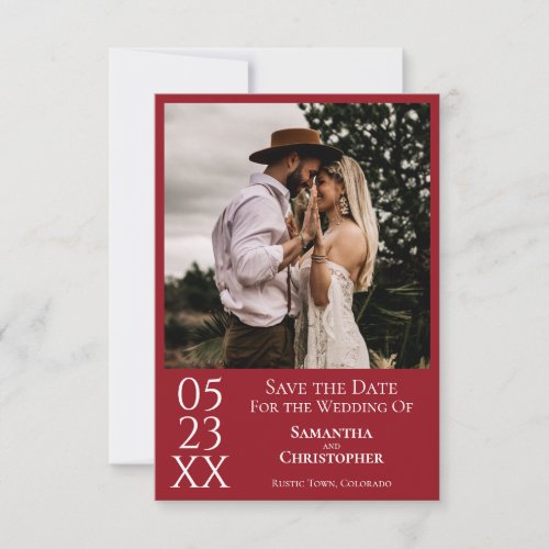 Simple Crimson Red Modern Minimal Photo Wedding Save The Date