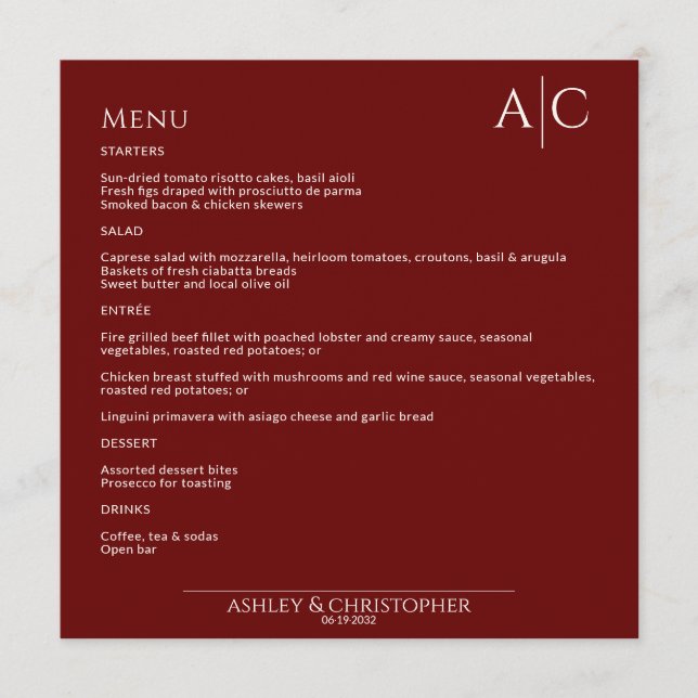Simple Crimson Red Monogram Wedding Reception Menu (Front)