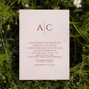 Simple Crimson Red & Rose Monogram Wedding Invitation