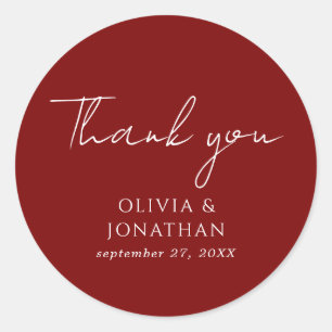 Simple Crimson Red Script Thank You Favor Wedding Classic Round Sticker