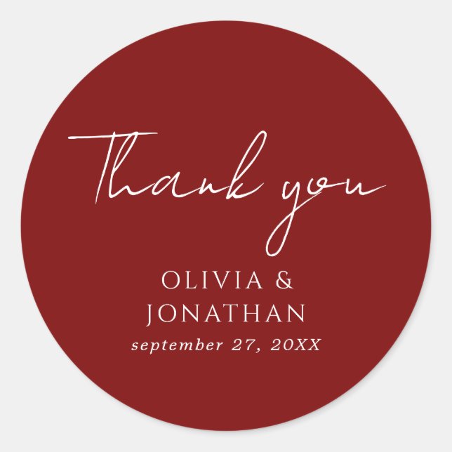 Simple Crimson Red Script Thank You Favor Wedding Classic Round Sticker (Front)