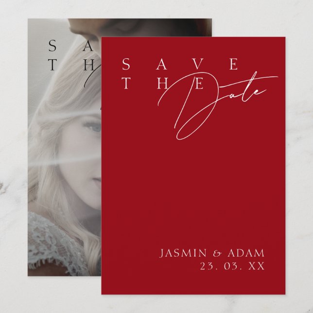Simple Crimson Red White Modern Photo Wedding Save The Date (Front/Back)