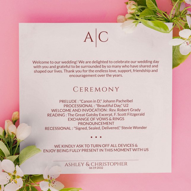 Simple Crimson & Rose Monogram Wedding Ceremony Program (Creator Uploaded)