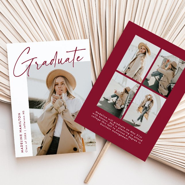 Simple Crimson Script 5 Photo Collage Graduation Announcement (Creator Uploaded)