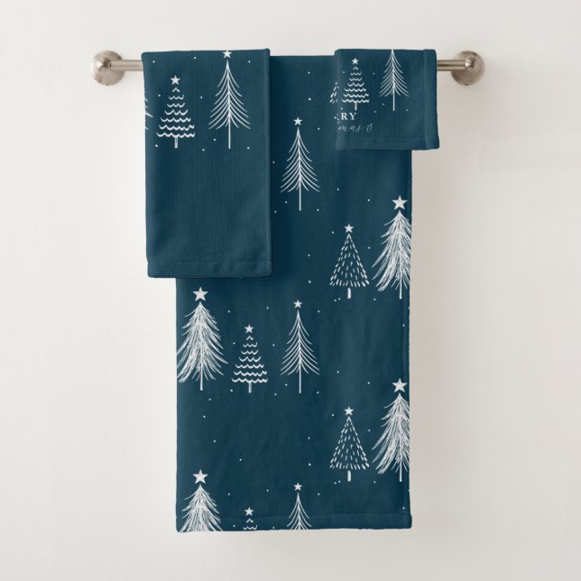 Simple Cristmas Pine Tree | Navy Blue Bath Towel Set (Insitu)