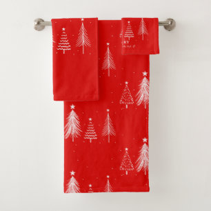 Simple Cristmas Pine Tree   Red Bath Towel Set