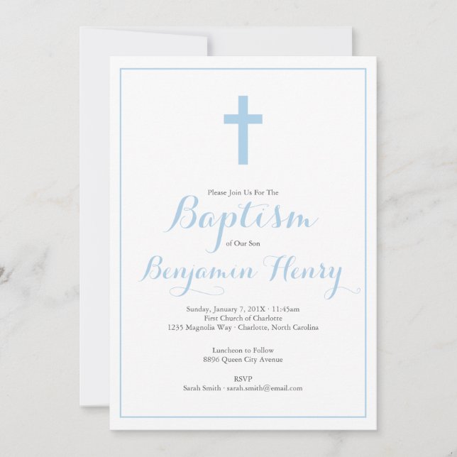 Simple Cross Blue Boy Baptism Invitation (Front)