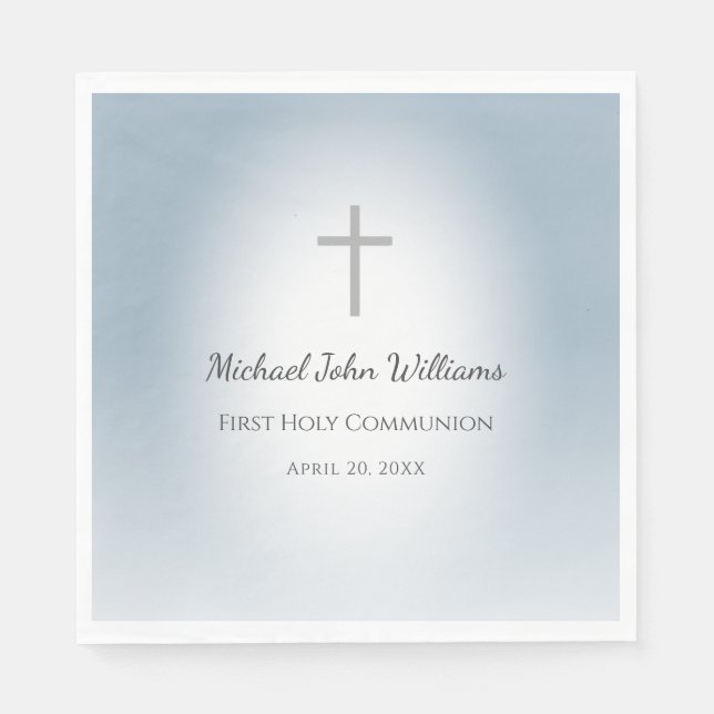 Simple Cross Blue Boys First Communion Celebration Napkins (Front)