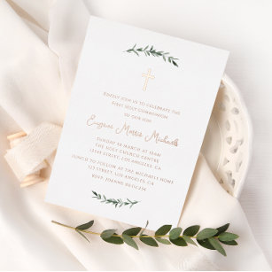 simple cross botanical first communion foil invitation