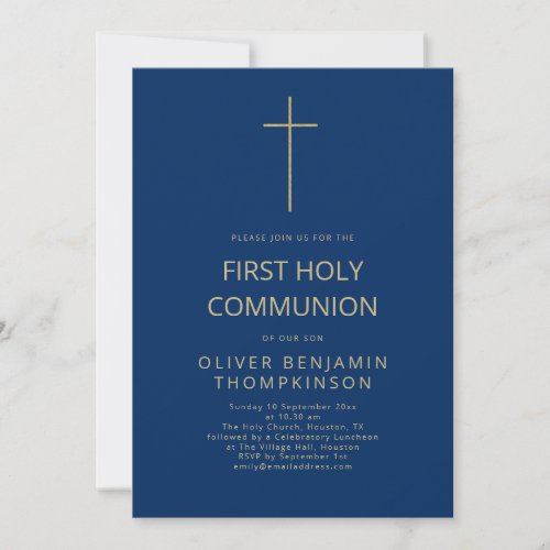 Simple Cross Boy First Holy Communion Navy Gold Invitation