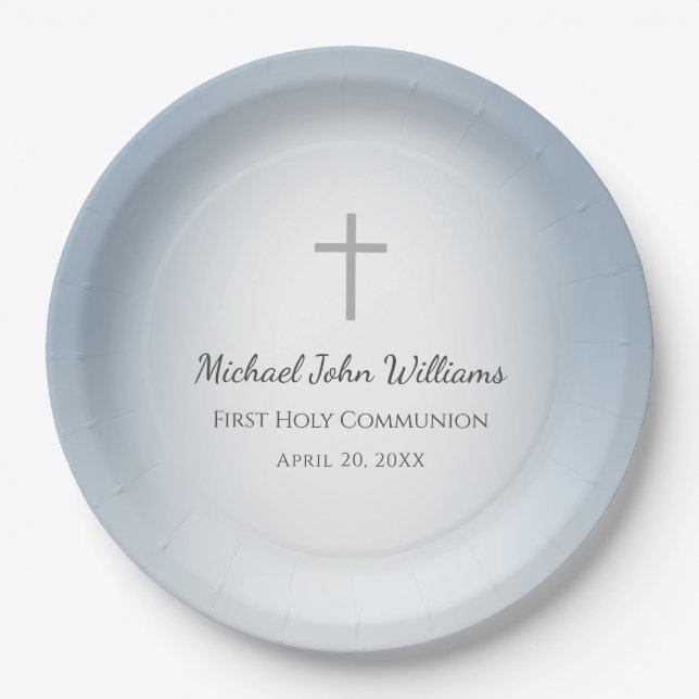 Simple Cross Boys First Communion Celebration Blue Paper Plates (Front)