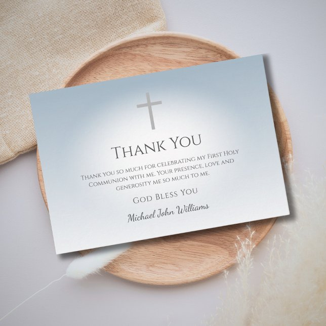 Simple Cross Boys First Communion Dusty Blue Thank You Card (Creator Uploaded)