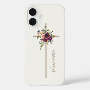 Simple Cross Burgundy Floral Personalized Name iPhone 16 Case