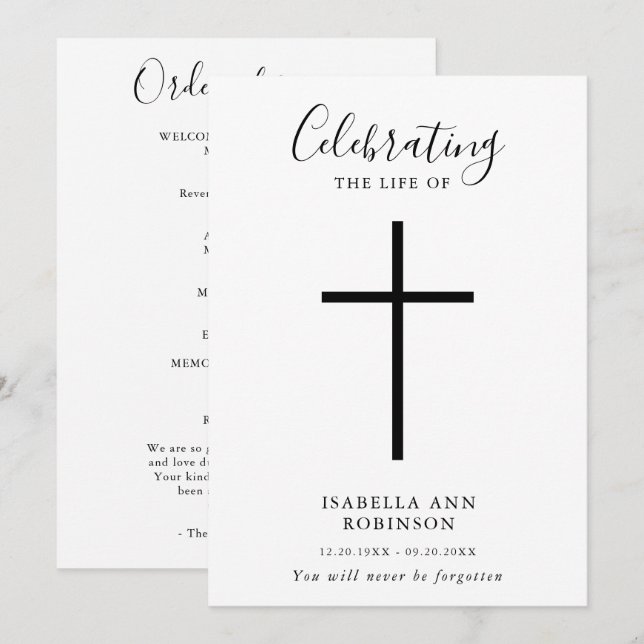 Simple Cross Celebration of Life Order of Service Program (Front/Back)