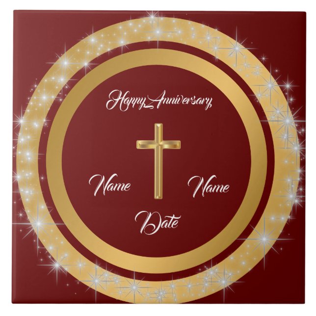 Simple Cross Customize Gold Anniversary Ceramic Tile (Front)