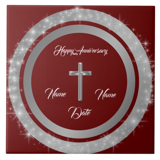 Simple Cross Customize Silver Anniversary Ceramic Tile (Front)