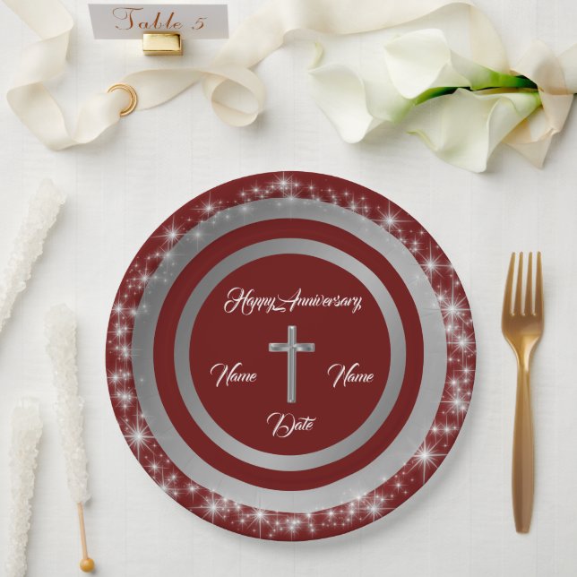 Simple Cross Customize Silver Anniversary Paper Plates (Wedding)
