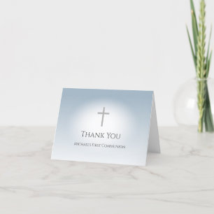 Simple Cross First Communion Dusty Blue Thank You Card