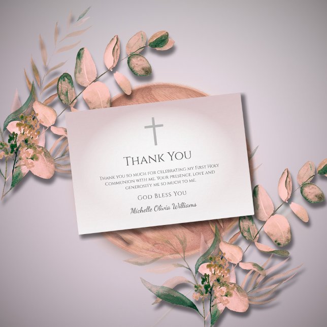 Simple Cross First Communion Rose Gold  Thank You Card (Creator Uploaded)