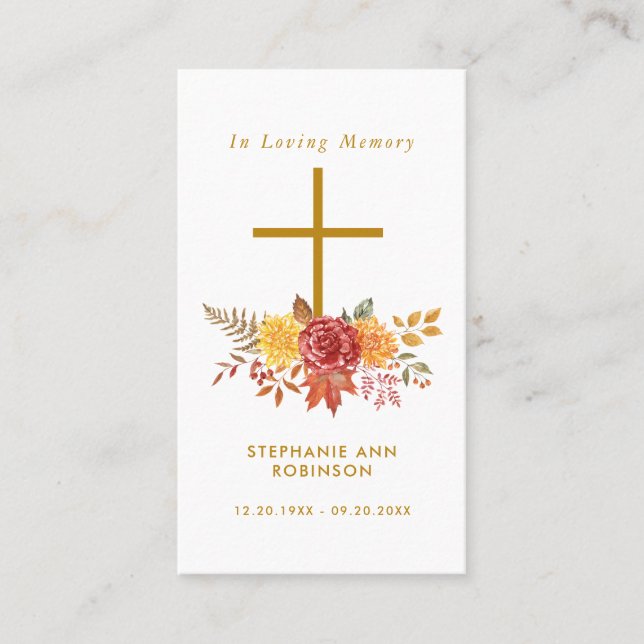 Simple Cross Floral Funeral Memorial Prayer Card (Front)