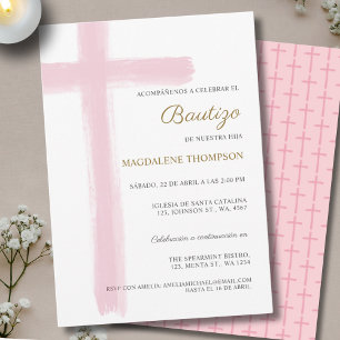 Simple Cross Girl Pink Baptism Bautizo Invitation
