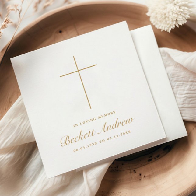 Simple Cross Gold Script Memorial Funeral  Napkins (In lLoving Memory Simple Cross Memorial Funeral Napkin.)