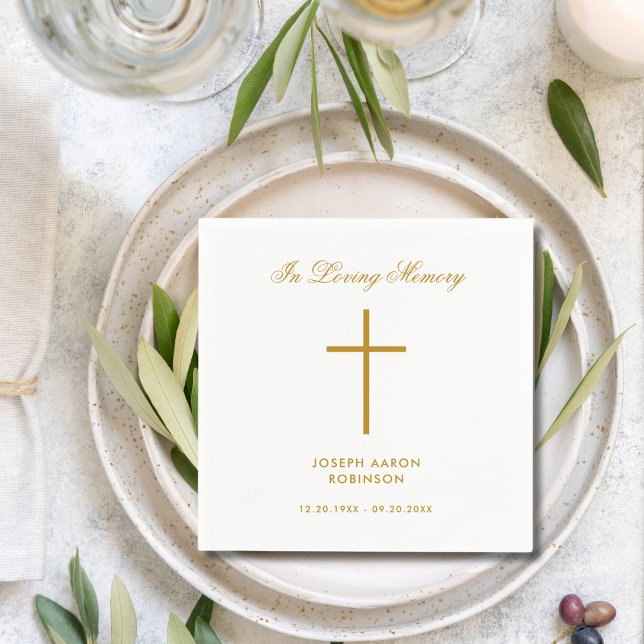 Simple Cross Gold Script Memorial Funeral Napkins (Creator Uploaded)