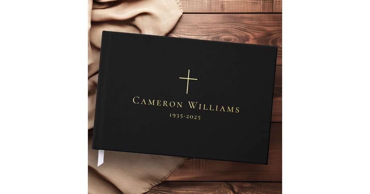 Simple cross loving memory funeral memorial black foil guest book | Zazzle
