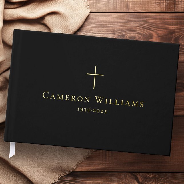Simple cross loving memory funeral memorial black foil guest book  (Simple cross loving memory funeral memorial black guest book)