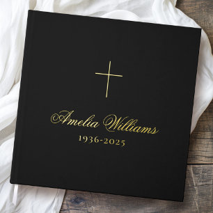 Simple cross loving memory funeral memorial black foil guest book