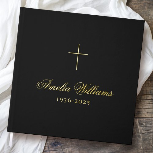 Simple cross loving memory funeral memorial black foil guest book 