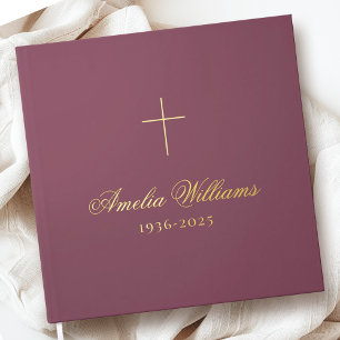 Simple cross loving memory funeral memorial mauve foil guest book