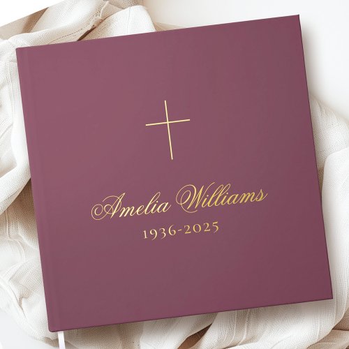 Simple cross loving memory funeral memorial mauve foil guest book 