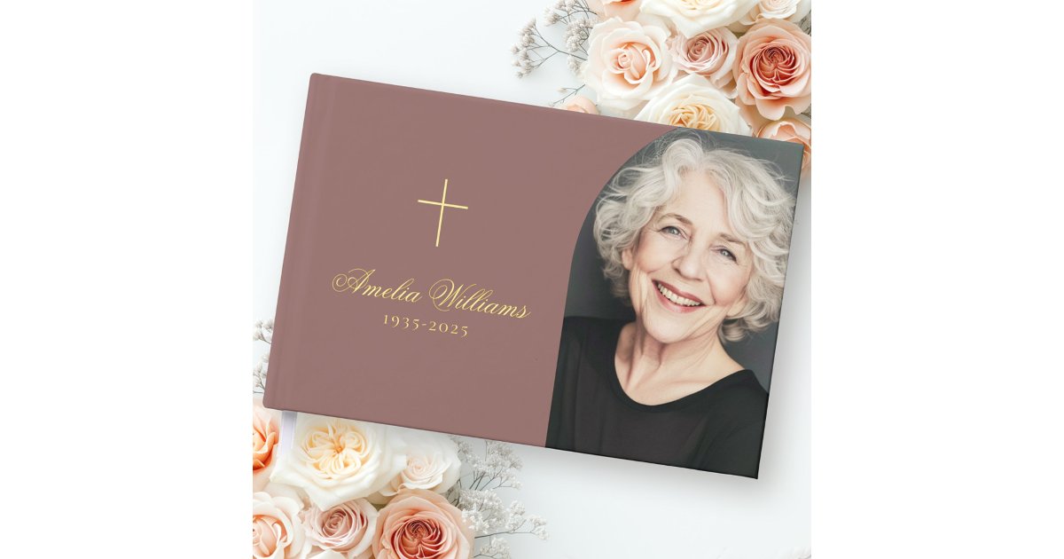 Simple cross loving memory funeral memorial photo foil guest book | Zazzle